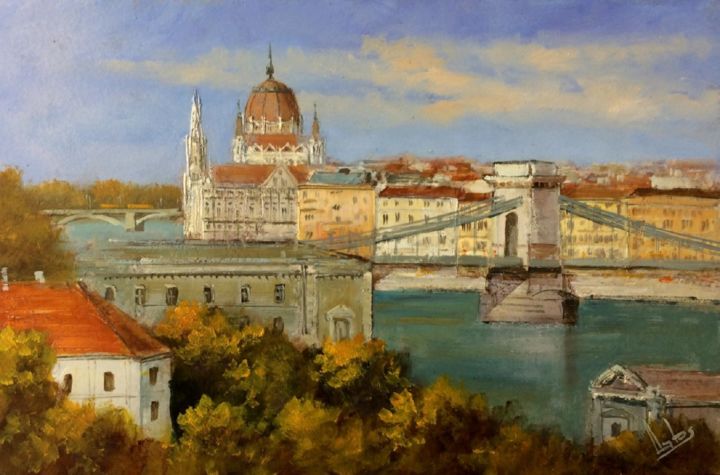 Painting titled "Budapest - Parliame…" by Gyorgy Lantos (Hu), Original Artwork, Oil