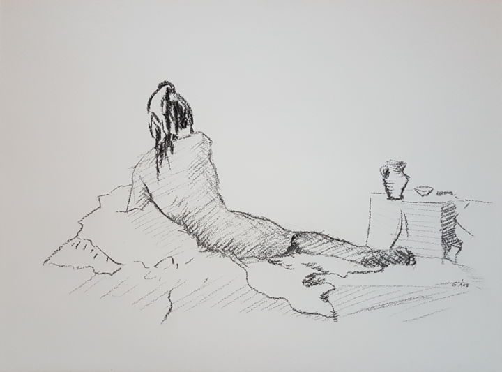 Disegno intitolato "Dessin de nu fémini…" da György Acs, Opera d'arte originale, Carbone