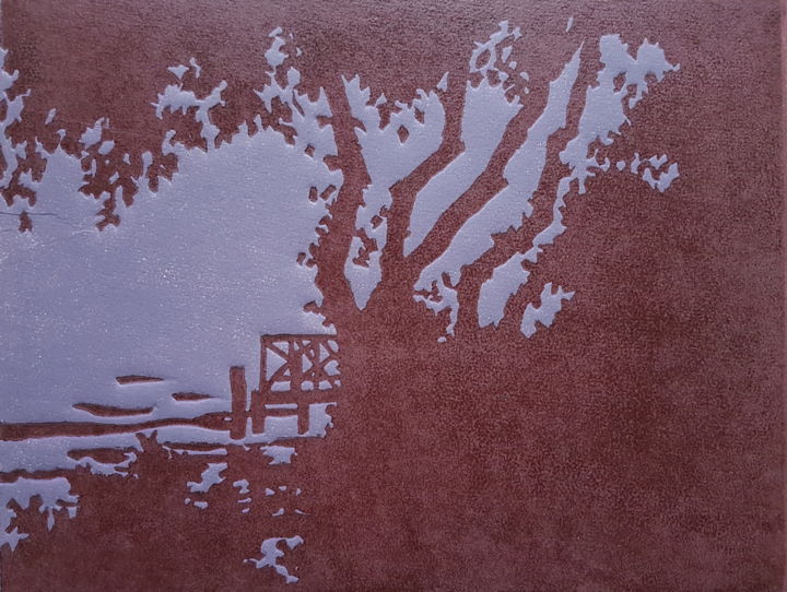 Incisioni, stampe intitolato "Gravure paysage Mon…" da György Acs, Opera d'arte originale, Incisioni su linoleum