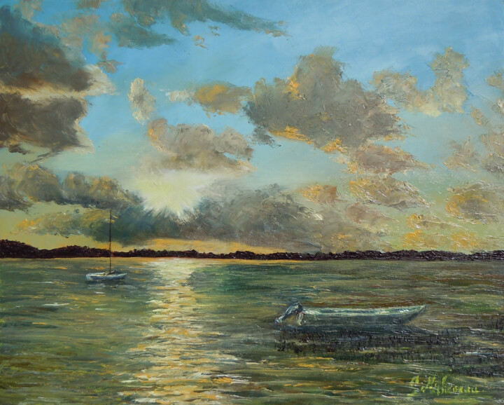 Painting titled "Crépuscule-Format 4…" by Gyslaine Pachet Micheneau, Original Artwork, Oil