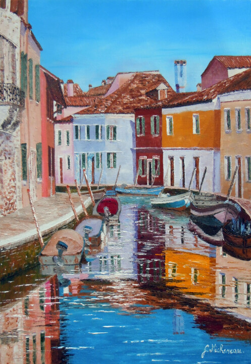 Peinture intitulée "Vue de Burano-G.Pac…" par Gyslaine Pachet Micheneau, Œuvre d'art originale, Huile Monté sur Châssis en b…