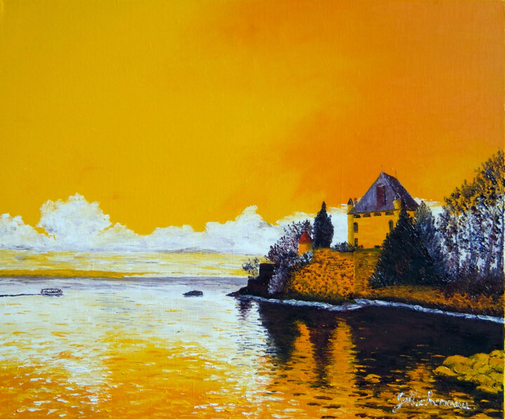 Painting titled "Yvoire- Lac Leman-…" by Gyslaine Pachet Micheneau, Original Artwork, Oil Mounted on Wood Stretcher frame