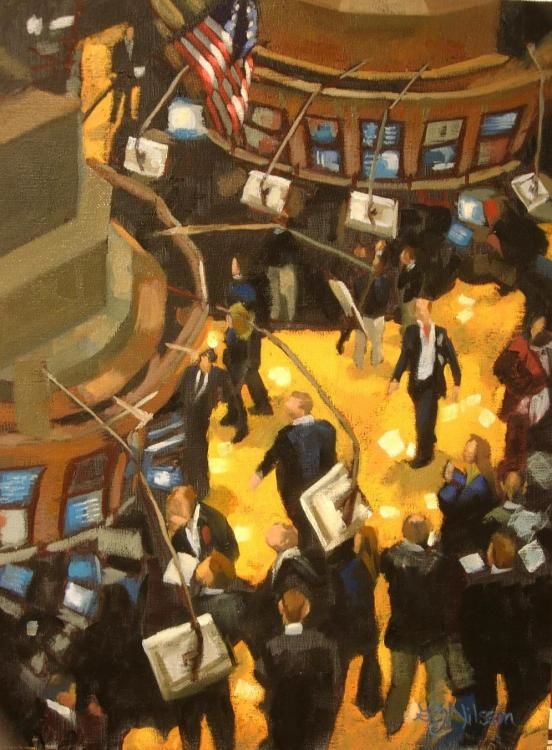 New York Stock Exchange 16 x 12 new york stock exchange, still life, watermelon, grapes, copper pot, winter, shadows, peach, figurative, winter, landscape