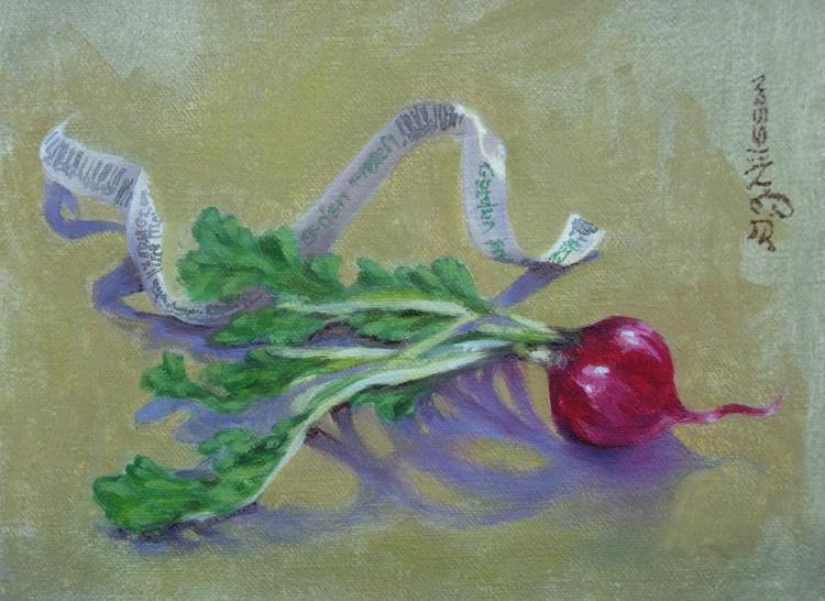 Radish Unwrapped 6 x 8 oil fruite, vegetable, landscape, oriental, chinese, flask, flower, rudbeckia, radish, orange, sky, sun, cherries, marsh, Falls river, adirondack chair