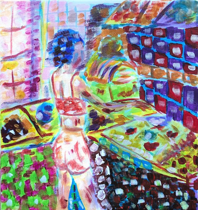 Painting titled "Woman in the kitchen" by Palina Habit (neshkoda), Original Artwork, Acrylic