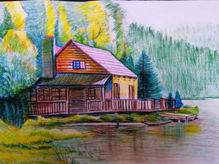 Painting titled "house wooden" by Hadii Nation, Original Artwork, Paper