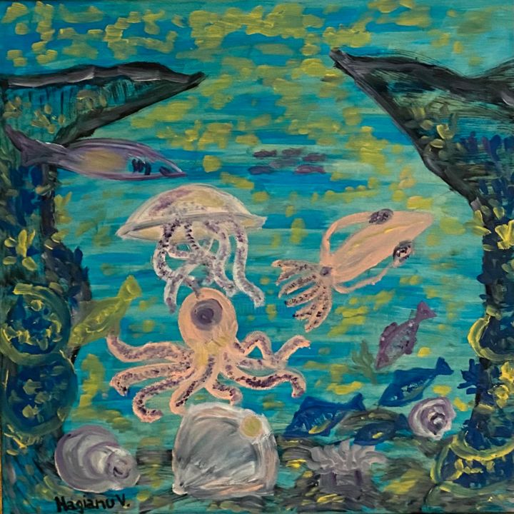 Pittura intitolato "Sea life. Oil on ca…" da Viorica Hagianu, Opera d'arte originale, Olio Montato su Telaio per barella in…