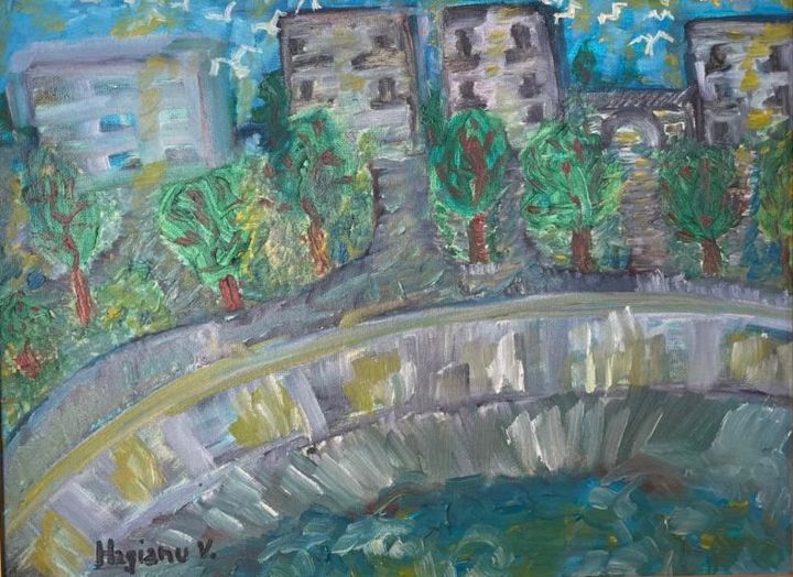 Painting titled "A city along Danube…" by Viorica Hagianu, Original Artwork, Oil Mounted on Wood Stretcher frame