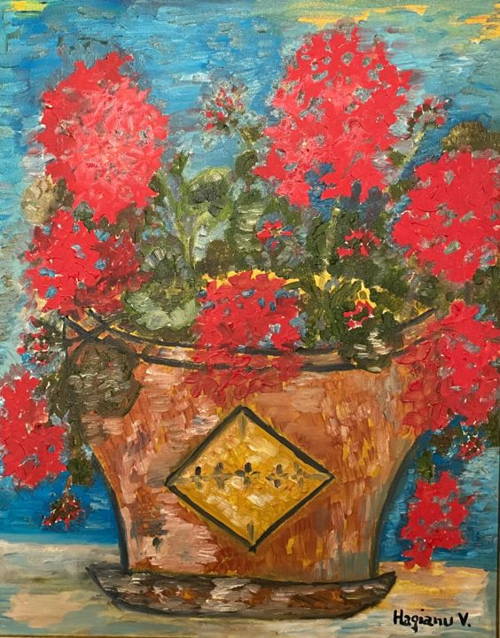 Painting titled "Red geraniums in cl…" by Viorica Hagianu, Original Artwork, Oil Mounted on Wood Stretcher frame