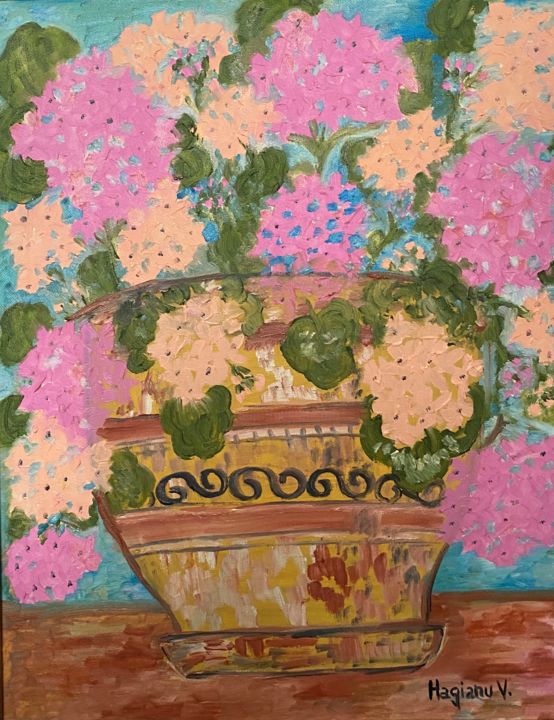 Painting titled "Pink geraniums in c…" by Viorica Hagianu, Original Artwork, Oil