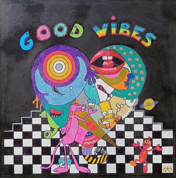 Painting titled "Good Vibes!" by Hah, Original Artwork, Acrylic Mounted on Wood Stretcher frame