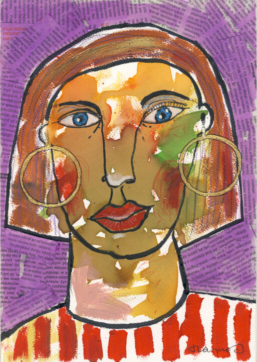 Painting titled "WOMAN 01" by Miroslaw Hajnos, Original Artwork, Watercolor Mounted on Cardboard