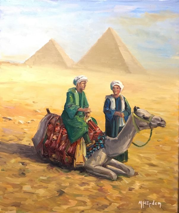 Schilderij getiteld "Bedouins" door Hakan Erdem, Origineel Kunstwerk, Olie Gemonteerd op Frame voor houten brancard