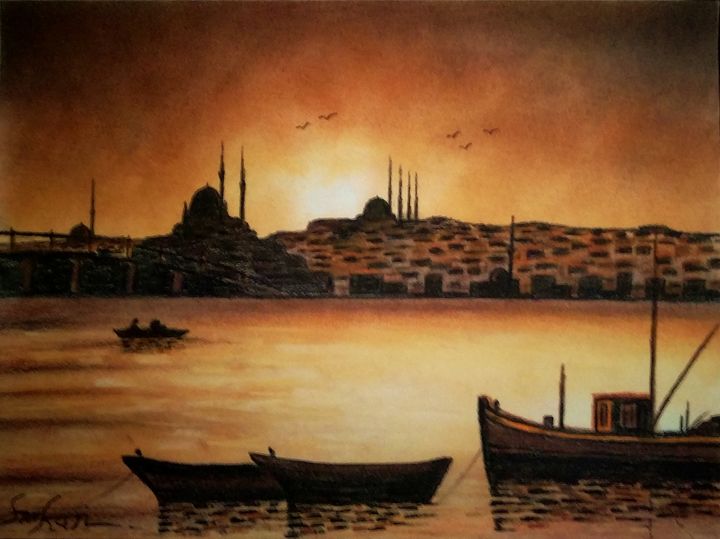Painting titled "istanbul sunset" by Hakan Gurell, Original Artwork, Pastel