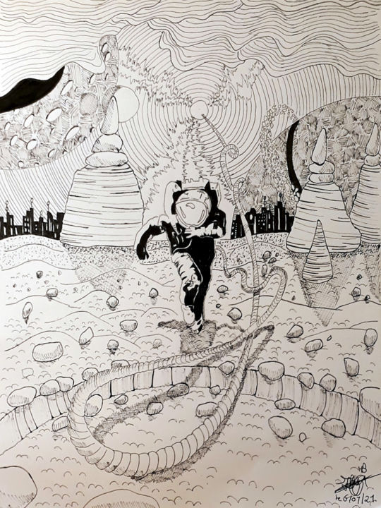 Dessin intitulée "Sur une planète inc…" par Hakim Blanpain, Œuvre d'art originale, Encre