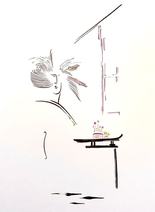Drawing titled "Geisha devant sa ma…" by Patrice Halary, Original Artwork, Ink