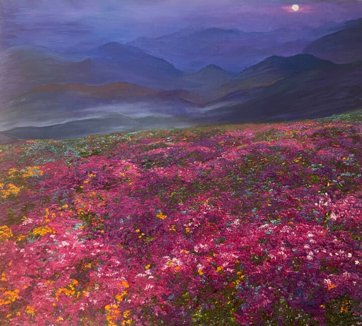 Painting titled "Tapestry Of Hills A…" by Kenneth Halvorsen, Original Artwork, Oil Mounted on Wood Stretcher frame