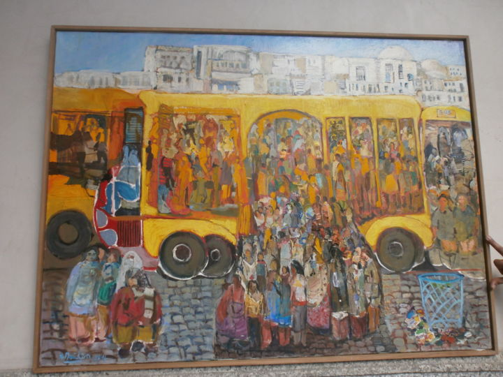 Painting titled "Transport publique" by Hamda Dniden, Original Artwork, Oil