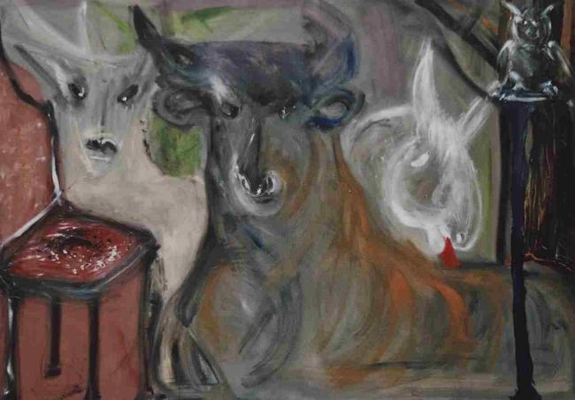 Malerei mit dem Titel "Ox - donkey-deer" von Kunstsalon, Original-Kunstwerk, Öl