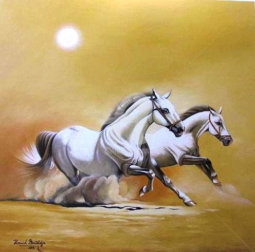 Pittura intitolato "Running horses 自由的奔…" da Hamid Bouteldja, Opera d'arte originale