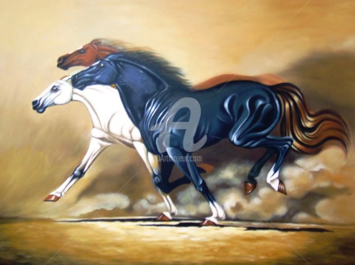 Pittura intitolato "Running horses 自由的奔…" da Hamid Bouteldja, Opera d'arte originale