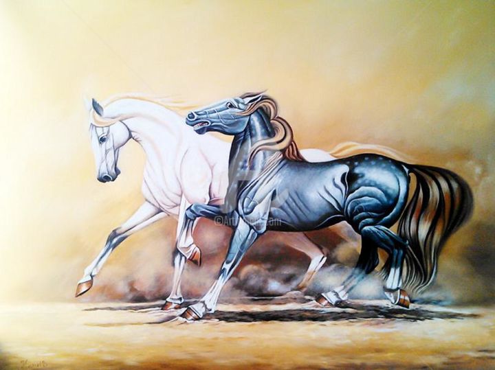 Painting titled "Running horses 自由的奔…" by Hamid Bouteldja, Original Artwork