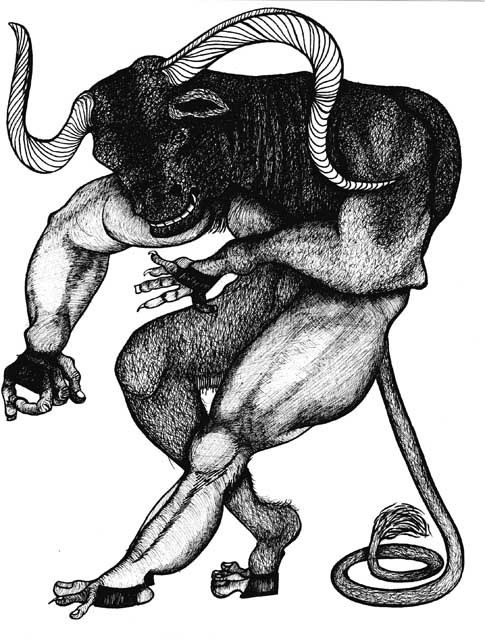 Drawing titled "The Minotaur" by Hamid Fam, Original Artwork