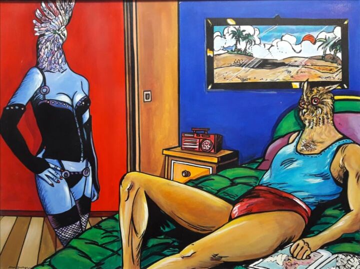 Painting titled "Interior doméstico" by Hamlet Sauvage Max, Original Artwork, Acrylic Mounted on Wood Stretcher frame