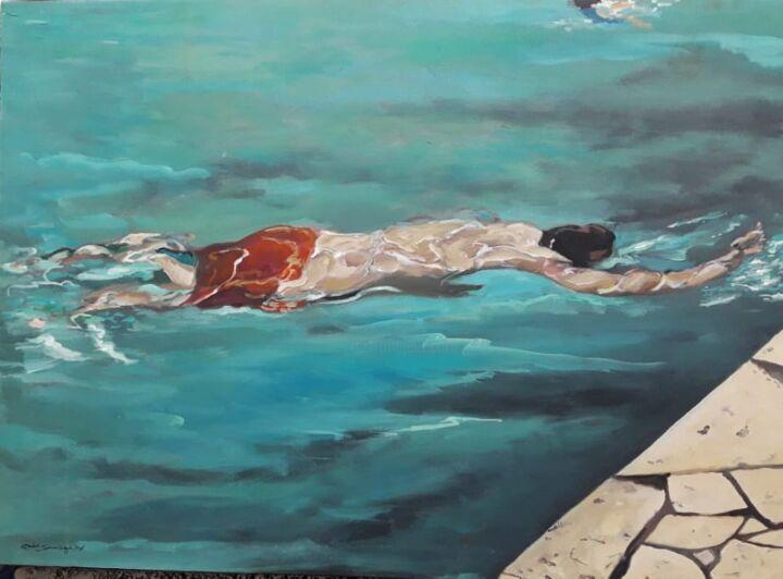 Pittura intitolato "Hombre nadando en l…" da Hamlet Sauvage Max, Opera d'arte originale, Olio