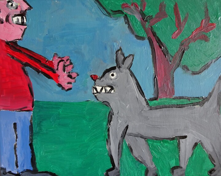 Schilderij getiteld "Den Wolf vertreiben" door Dieter Hamm, Origineel Kunstwerk, Acryl