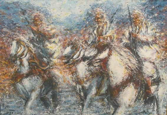 Pintura intitulada "Cavaliers des Aurès" por Hamoudi, Obras de arte originais, Óleo