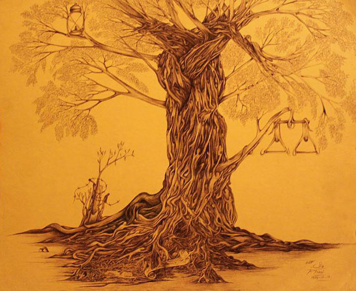 Disegno intitolato "L'arbre ideal" da Hamza Rhani, Opera d'arte originale, Altro