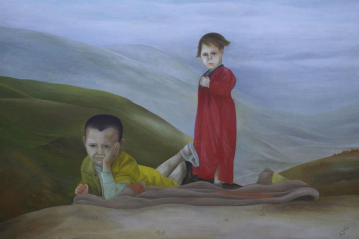 Картина под названием "enfants et montagne" - Hamza Rhani, Подлинное произведение искусства, Масло