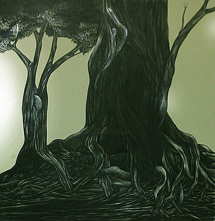 Dessin intitulée "Dans les racines" par Hamza Rhani, Œuvre d'art originale, Stylo à bille
