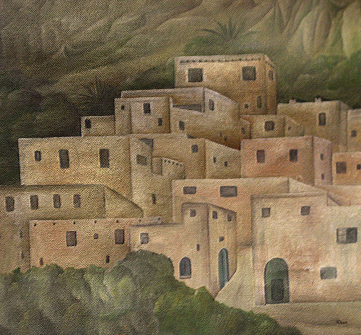 Painting titled "villages d'atlas" by Hamza Rhani, Original Artwork, Oil