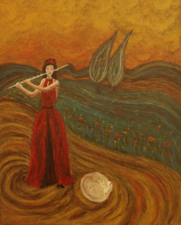 Peinture intitulée "Woman with a Flute" par Hana Agić, Œuvre d'art originale, Acrylique