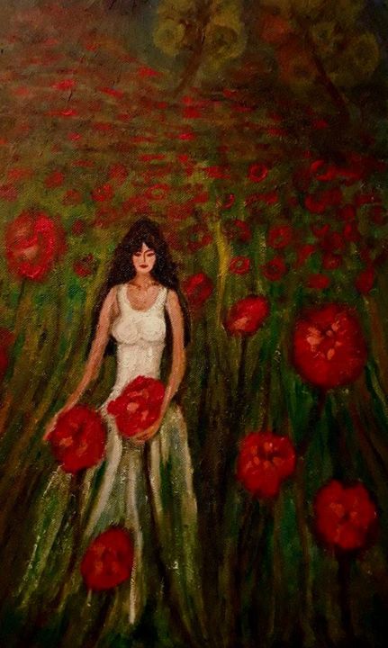 Painting titled "Woman with Flowers" by Hana Agić, Original Artwork, Acrylic