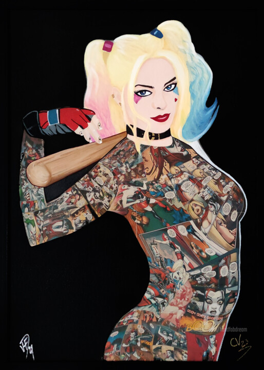 Painting titled "Comic's Harley" by Handfabdream, Original Artwork, Acrylic Mounted on Wood Panel