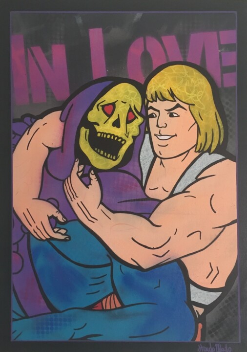 Painting titled "He-Man in love" by Hando Wado, Original Artwork, Spray paint Mounted on Wood Stretcher frame