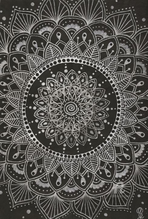 Dibujo titulada "Mandala Argenté" por Handy Drawing, Obra de arte original, Acrílico
