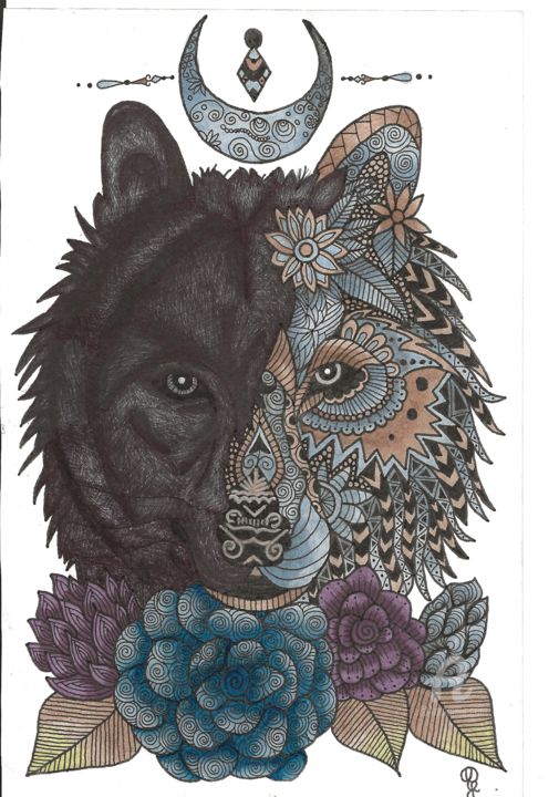 Drawing titled "Loup" by Handy Drawing, Original Artwork, Marker