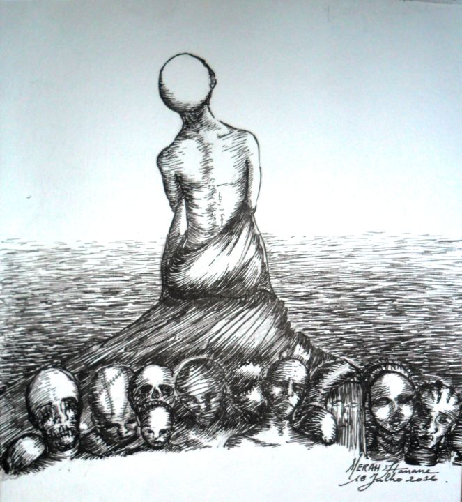 Drawing titled "waiting for heaven" by Hanene Merah, Original Artwork, Ink
