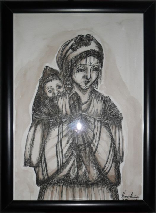 Dessin intitulée "Amazigh Mother and…" par Hanene Merah, Œuvre d'art originale, Encre