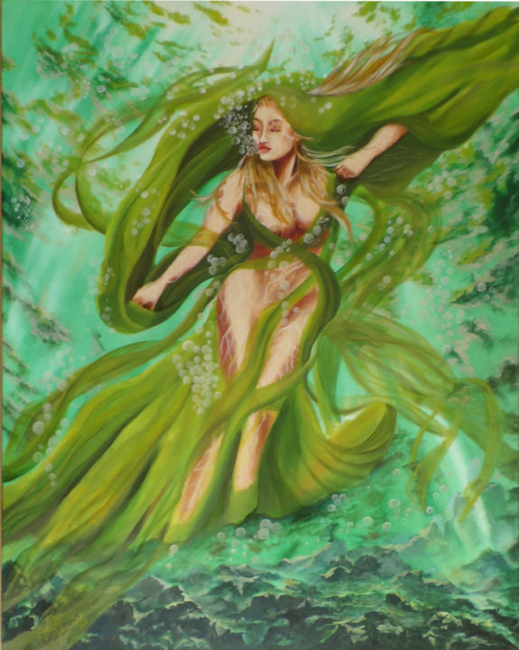 Peinture intitulée "Green Angel" par Štefan Hangácsi, Œuvre d'art originale, Huile