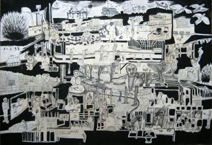 Painting titled "Bus" by Hani Najm, Original Artwork, Ink