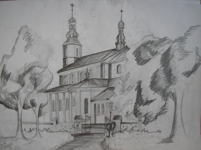Drawing titled "Church in Golonog" by Grzywacz, Original Artwork