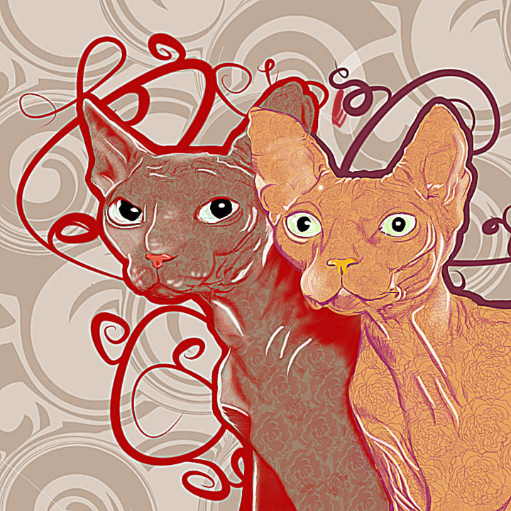 Digital Arts titled "Sphynx Cats" by Hanisa Imamovic, Original Artwork, Digital Painting