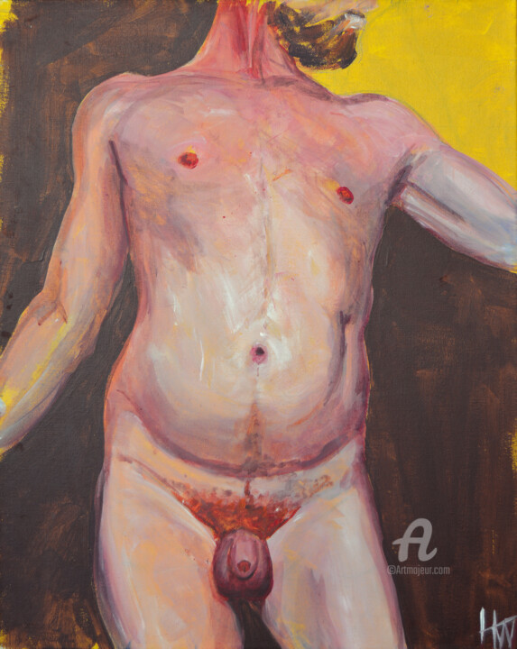 Painting titled "Bear: Bare" by Hank Wandle, Original Artwork, Acrylic Mounted on Cardboard