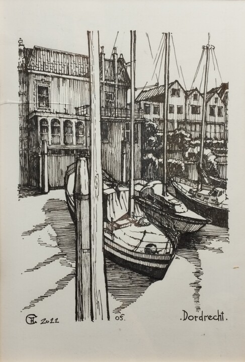 Dessin intitulée "Dordrecht. Boats." par Hanna Chervonna, Œuvre d'art originale, Marqueur
