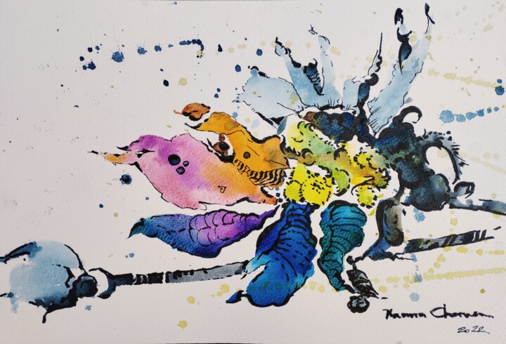 Dessin intitulée "Chameleon flower 3" par Hanna Chervonna, Œuvre d'art originale, Aquarelle